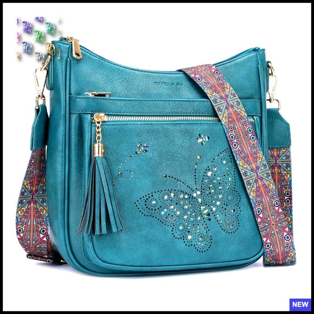 Medium Crossbody Bag Vegan Leather Butterfly Pattern Adjustable Strap